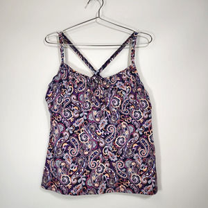 Lands End Size 16 Tankini Top Underwire Bra Deep Sea Navy Retro Paisley 528354